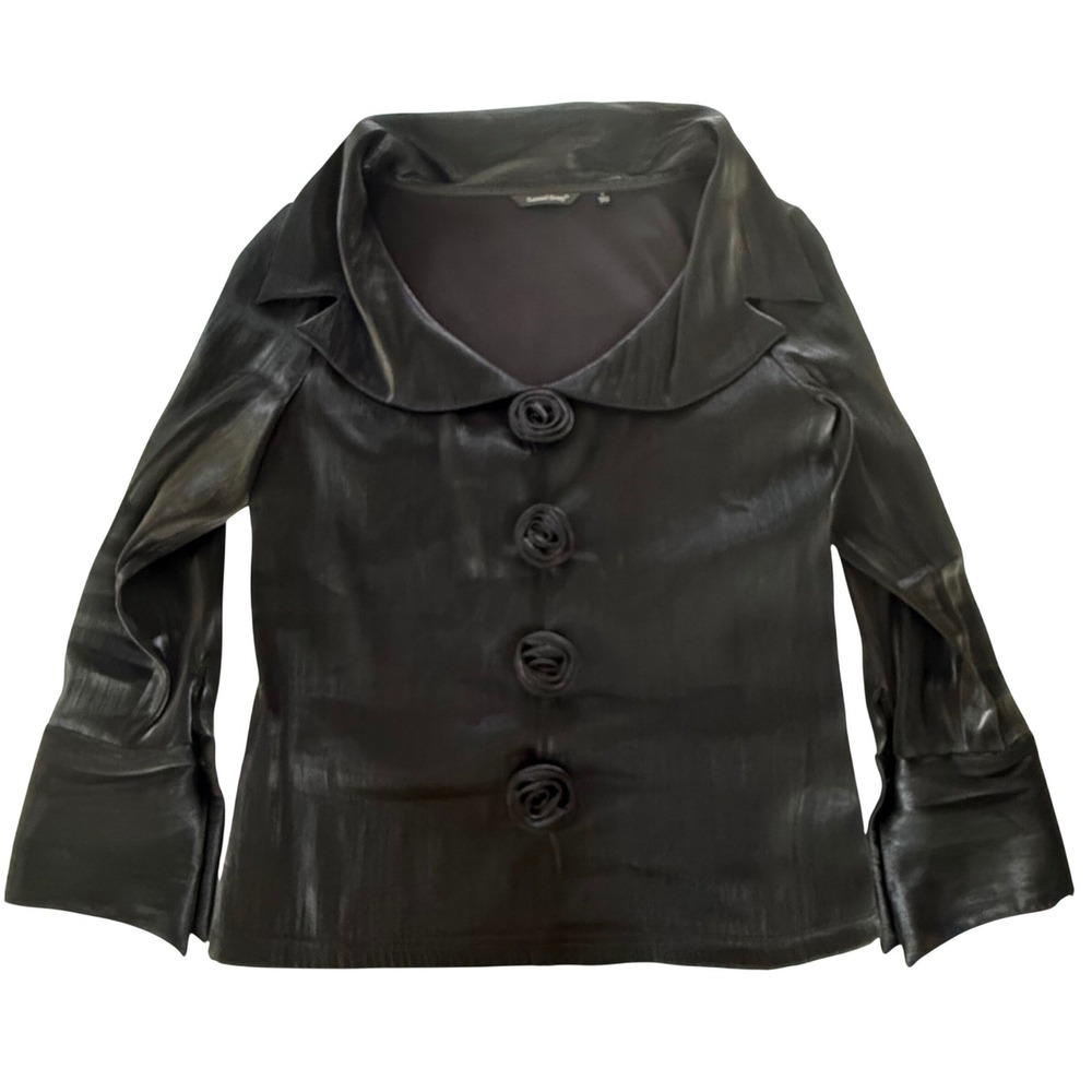Samuel Dong Womens Shimmer Top Blouse Black Rosette Button Cropped Size L Artsy